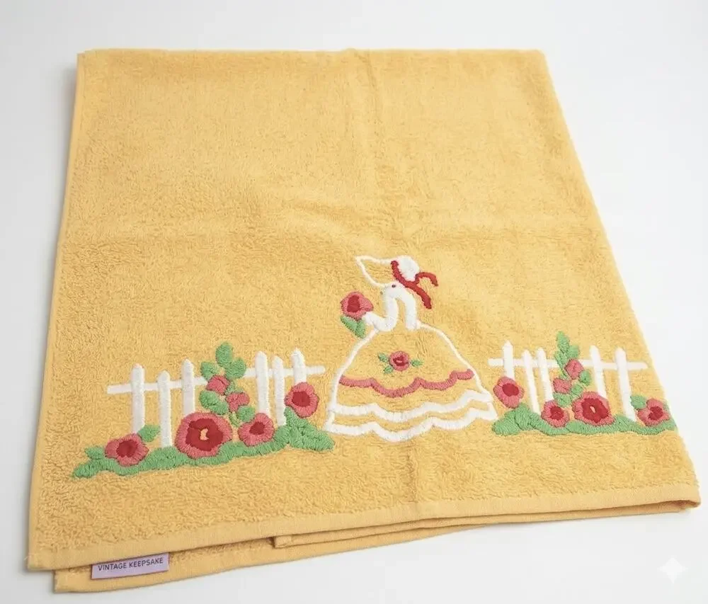 Vintage Martex Yellow Bath Towel Southern Belle Crinoline Lady Punch Needle